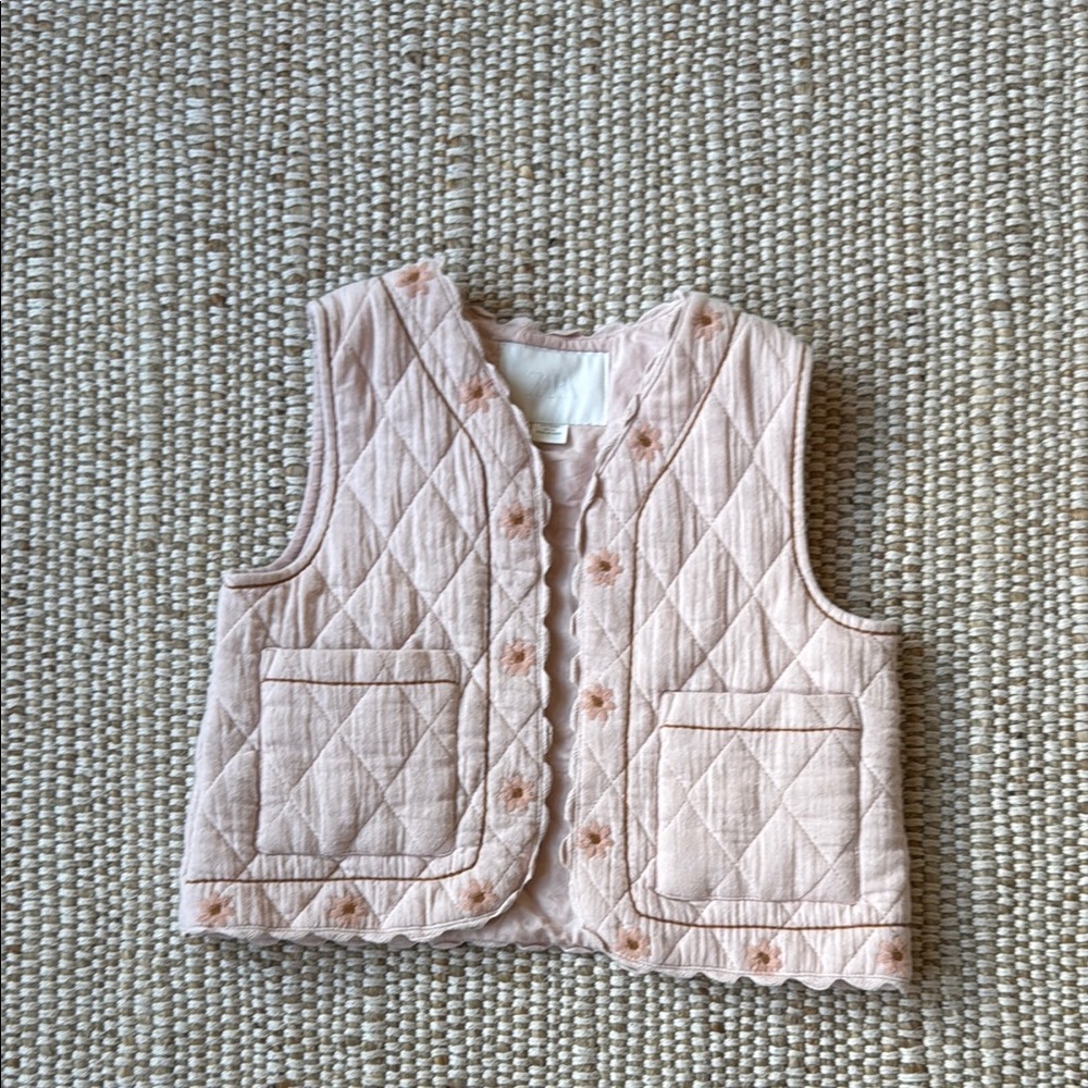 Zara Quilted Pink Vest with Floral Embroidery